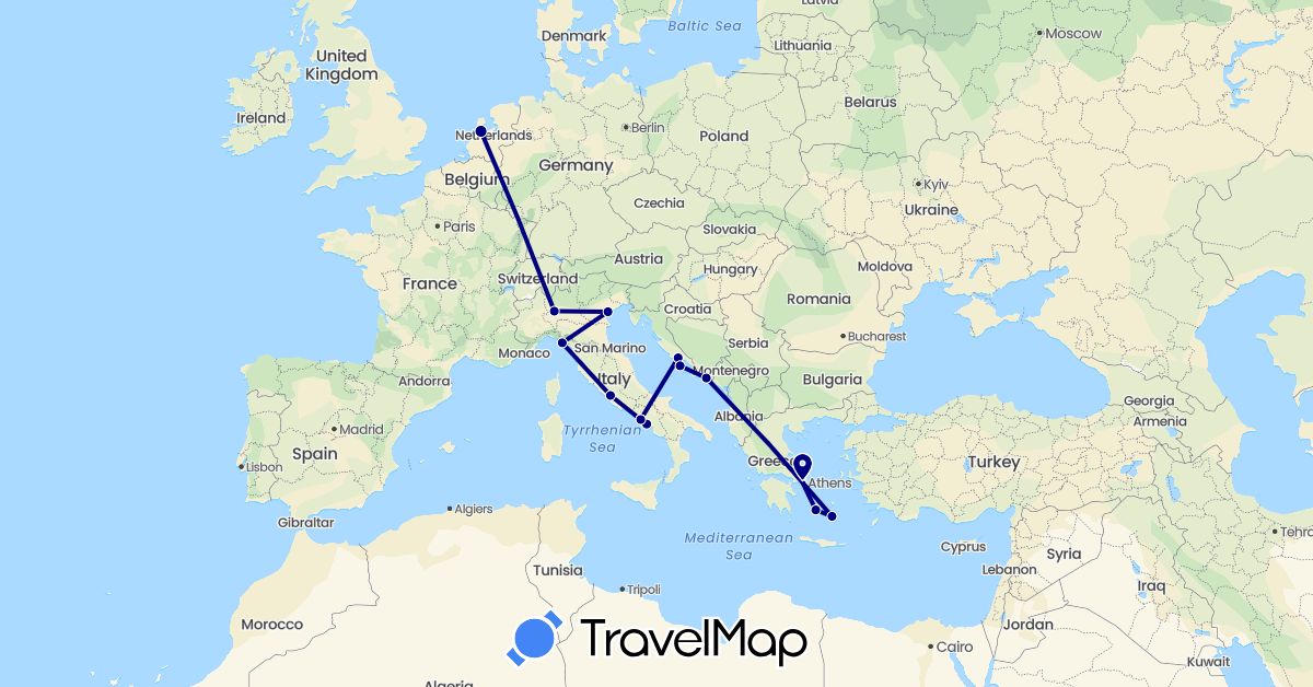 TravelMap itinerary: driving in Greece, Croatia, Italy, Netherlands (Europe)